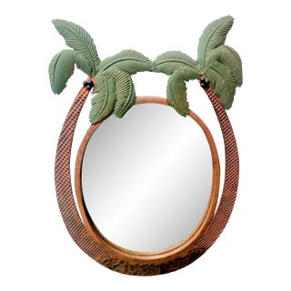 Vintage Heavy Bronze Iron Green Tropical Double Palm Tree Regency Wall Mirror For Sale