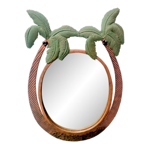 Vintage Heavy Bronze Iron Green Tropical Double Palm Tree Regency Wall Mirror
