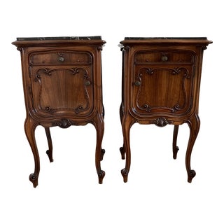 Early 20th Century Antique French Walnut Nightstands With Black Marble Tops - a Pair For Sale