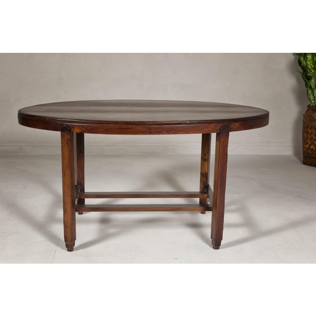 Oval Top Center Table with Inverted Stepped Pyramid Feet and Cross Stretcher For Sale In New York - Image 6 of 12