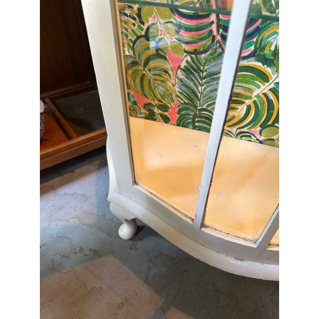 Wood Vintage White Wooden Short Light Up Glass Display Cabinet With Tropical Wallpaper Background For Sale - Image 7 of 11