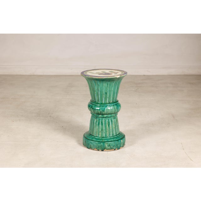 Antique Annamese Green Glazed Ceramic Pedestal with Floral Medallion For Sale - Image 10 of 12