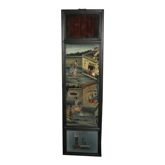Reverse Painted Wall Plaque on Glass Antique Asian Three Section Vertical For Sale