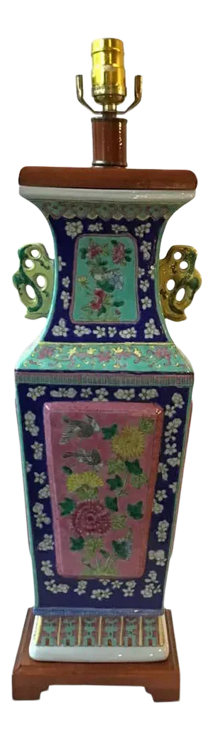 1960s Floral Hand Painted Ceramic Colorful Asian Table Lamp