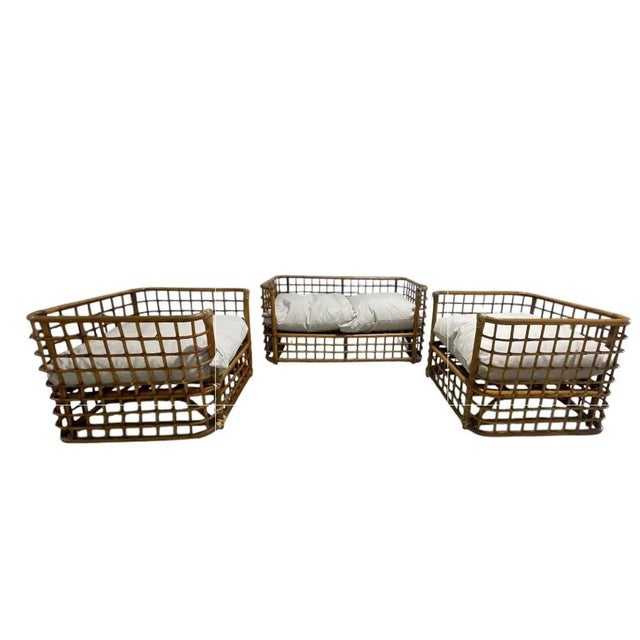Bamboo Rattan Lounge Chairs & Loveseat After Henry Olko - Set of 3 For Sale - Image 4 of 7