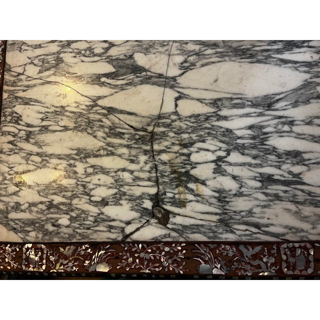 Vintage Chinese Rosewood Mother-of-Pearl Inlaid Dining Set – Rectangular Table + 6 Chairs With Marble Tops For Sale - Image 12 of 12