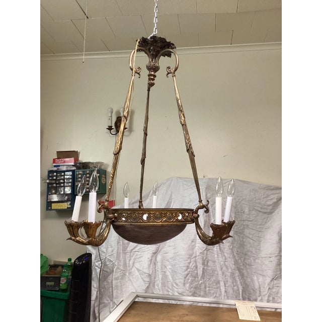 1930s French Art-Deco Chandelier W/Art Glass Dome For Sale - Image 4 of 11