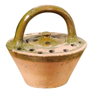 French 19th Century Fired Clay and Green Glaze Lidded Pottery Heater