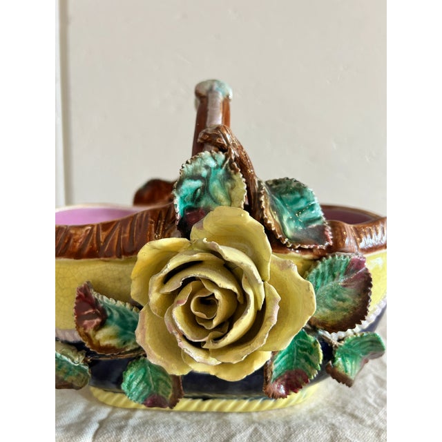 Mid 19th Century Antique French Barbotine Majolica Basket Vase Applied Rose Vase For Sale - Image 5 of 12