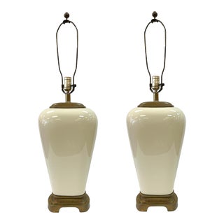 Pair of Mid-Century Modern Cream Color Porcelain Table Lamps For Sale