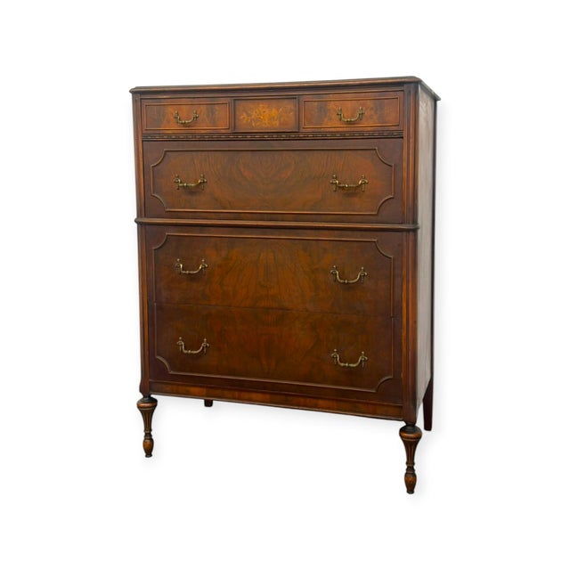 Vintage Traditional Burl Wood Tallboy Dresser With Floral Inlay and Pattern-Lined Drawers. For Sale In Seattle - Image 6 of 13