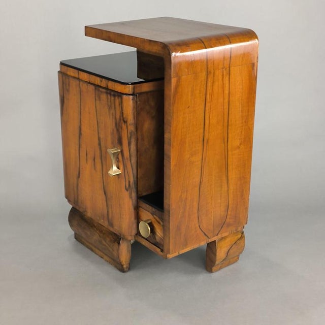 Art Deco Walnut Bedside Tables with Black Glass Tops, 1940s, Set of 2 For Sale - Image 4 of 9