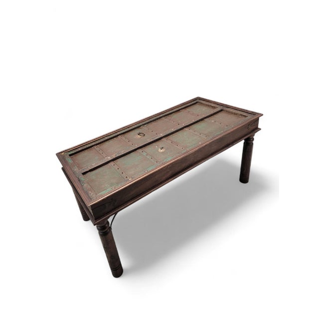 Wood Antique Shamsee Wood Dining Table Constructed From Indian Monastery Door For Sale - Image 7 of 8