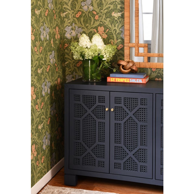 Navy Blue Matthew Izzo Home Claire Matte Navy Lacquer Four Door Buffet With Brass Knobs - Painted Trellis Design Cane Doors For Sale - Image 8 of 12