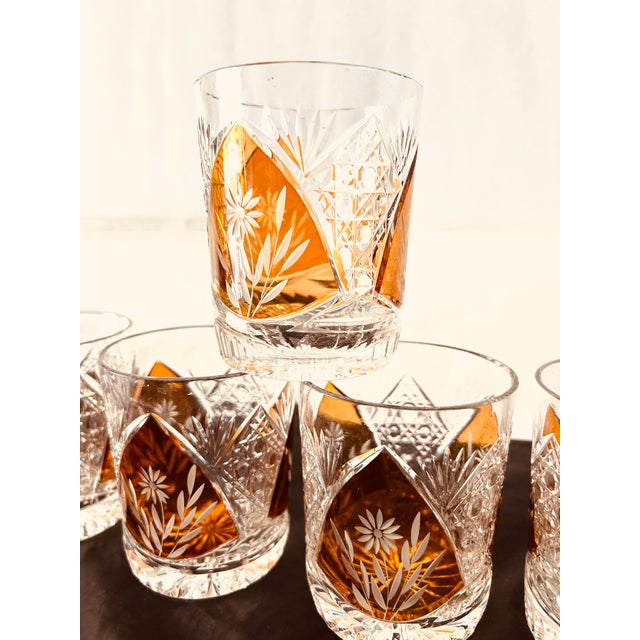 Vintage Bohemian Crystal Cut With Amber Floral Design Tumblers S/5 For Sale In New York - Image 6 of 6