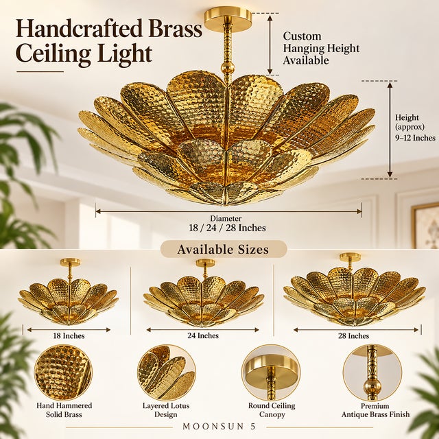Handmade Brass Flower Ceiling Light, 3 Tier Hammered Floral Chandelier, Art Deco Lotus Semi Flush Mount, Luxury Brass Ceiling Fixture 28 Inches For Sale - Image 9 of 15