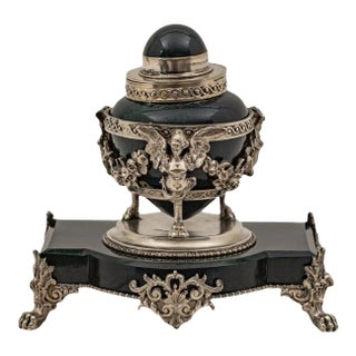 Rare French Bloodstone Sterling Silver Cherub Mounted Inkwell, Circa 1920 For Sale