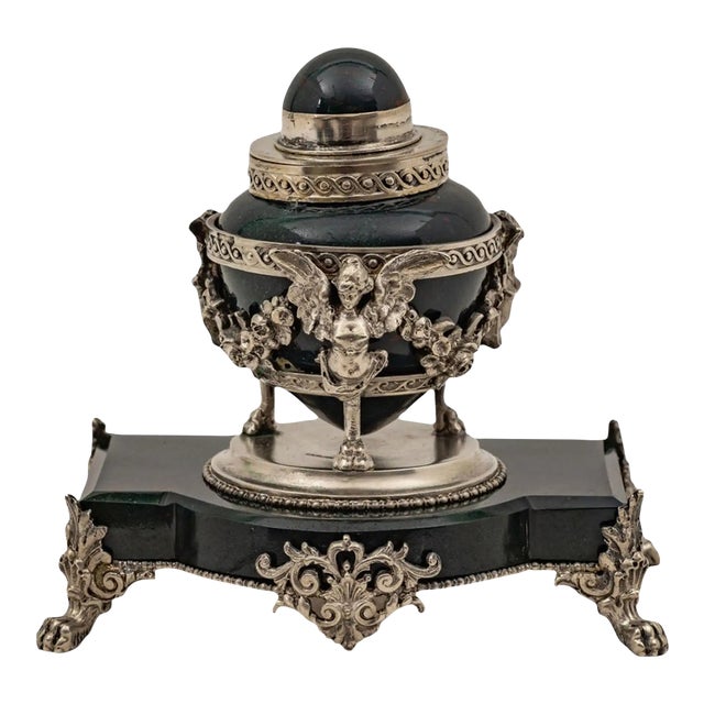 Rare French Bloodstone Sterling Silver Cherub Mounted Inkwell, Circa 1920 For Sale