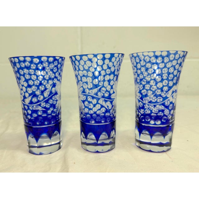 1950s Vintage Elaborate Cut to Clear Crystal Glass Czech Cobalt Blue Shot Glasses - Set of 3 For Sale - Image 5 of 11