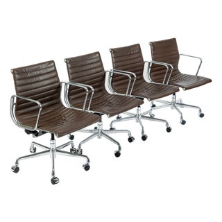 Set of 4 Eames Thin Pad Office Chairs for Herman Miller, Brown Leather Aluminum Group For Sale