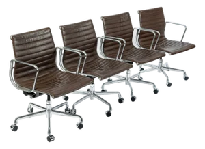 Set of 4 Eames Thin Pad Office Chairs for Herman Miller, Brown Leather Aluminum Group