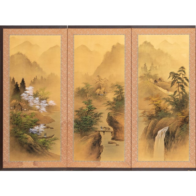Vintage Japanese 4-panel painted silk byobu (folding screen) depicts landscape scenes of Four Seasons. Signed and sealed...