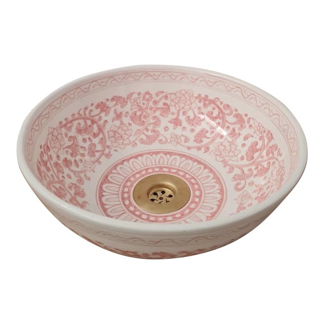 Contemporary Pink and White Bathroom Wash Basin with Brass Drain For Sale