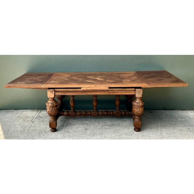 Vintage Spanish Carved Wood Parquet Extendable Dining Table For Sale - Image 12 of 13