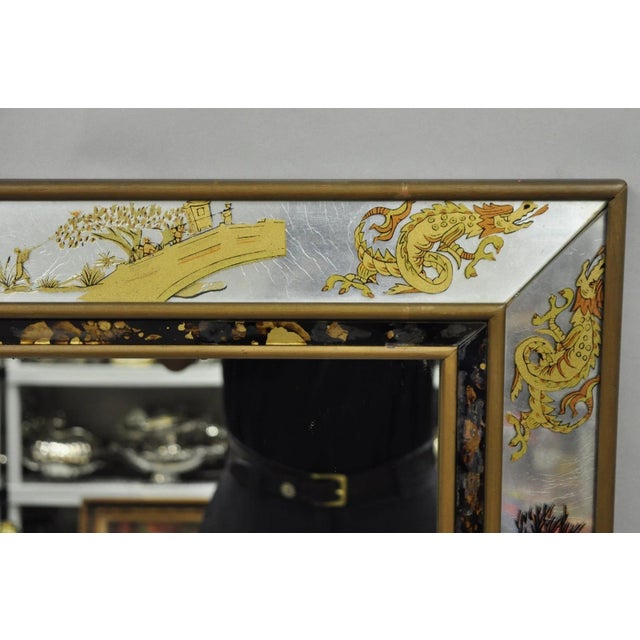 Wood Vintage Chinoiserie Figural Eglomise Reverse Painted Oriental Wall Mirror For Sale - Image 7 of 18