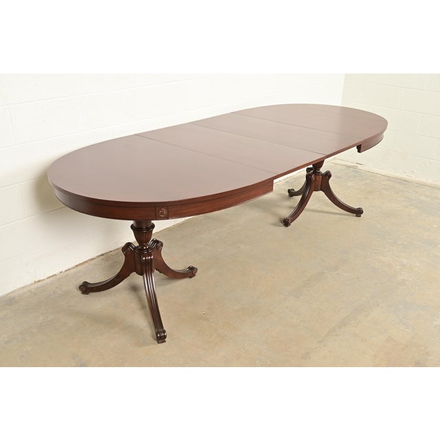 Brown Baker Furniture Style Regency Mahogany Double Pedestal Extension Dining Table, Newly Refinished For Sale - Image 8 of 14