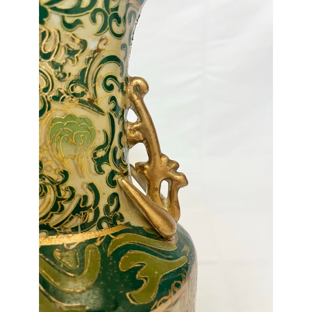 Green Vintage Chinoiserie Green & Gold Scrollwork Vase With Dragon Handles For Sale - Image 8 of 10