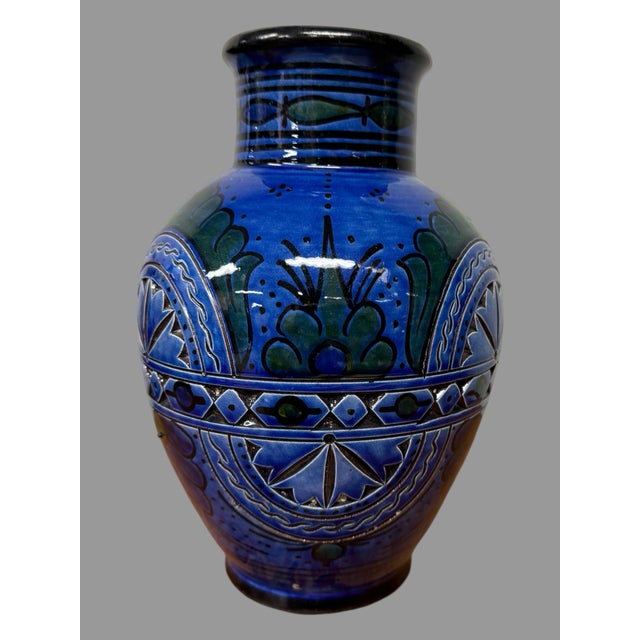 Vintage Incised Cobalt Blue Decorated Art Pottery Vase For Sale - Image 4 of 8