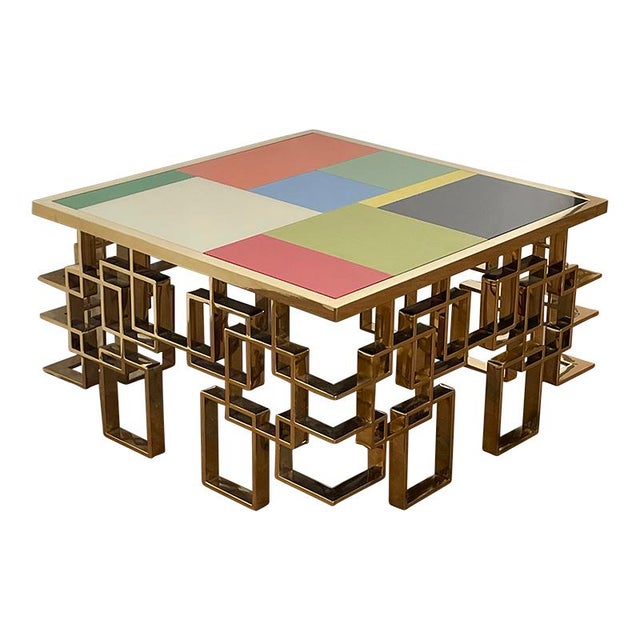 Metal Low Living Room Table in Chrome-Gold Steel and Multicolored Murano Glass Top, 1980s For Sale - Image 7 of 7