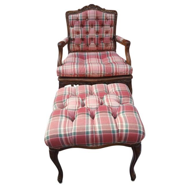 Vintage Walnut French Provincial Armchair & Ottoman Set in Rich Plaid Upholstery For Sale - Image 9 of 12