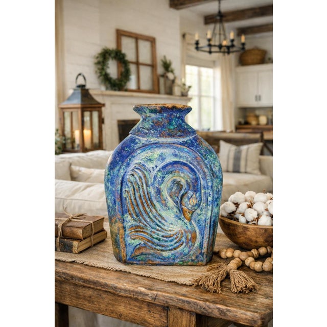 1960s Large Hand-Built Painted Clay Vase With Swan Relief, Mid-Century Studio Art Pottery For Sale - Image 12 of 12