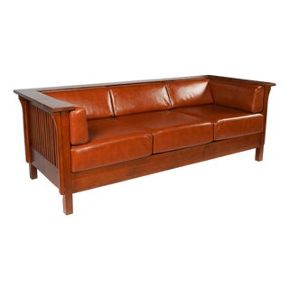Mission / Craftsman Cubic Slat Side Sofa - Russet Brown Leather (Rb2) For Sale
