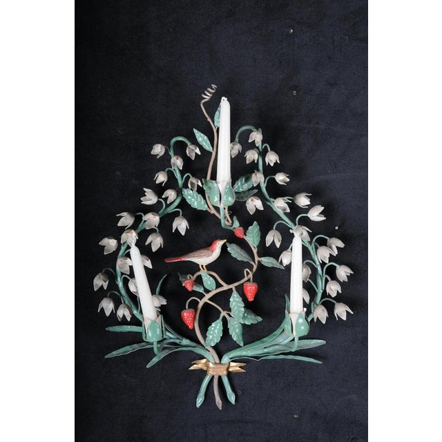 Antique Painted Wrought Iron Wall Candleholders with Lily of the Valley, Set of 2 For Sale - Image 15 of 18