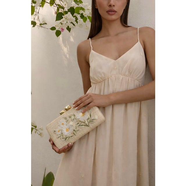 Textile Alessandra Embroidered Long Clutch in White / Natural For Sale - Image 7 of 7