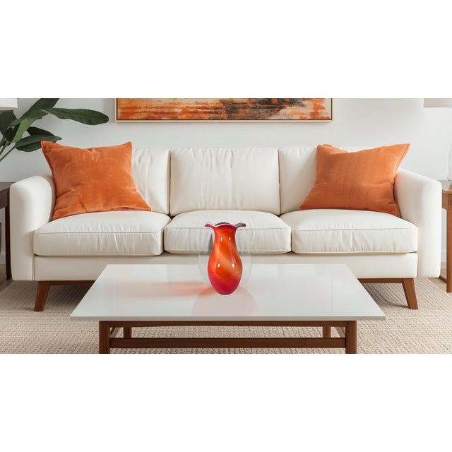 13 3/4 In. Tall Vintage Bulbous Scalloped Rim Cased White Orange Art Glass Vase For Sale In New York - Image 6 of 15