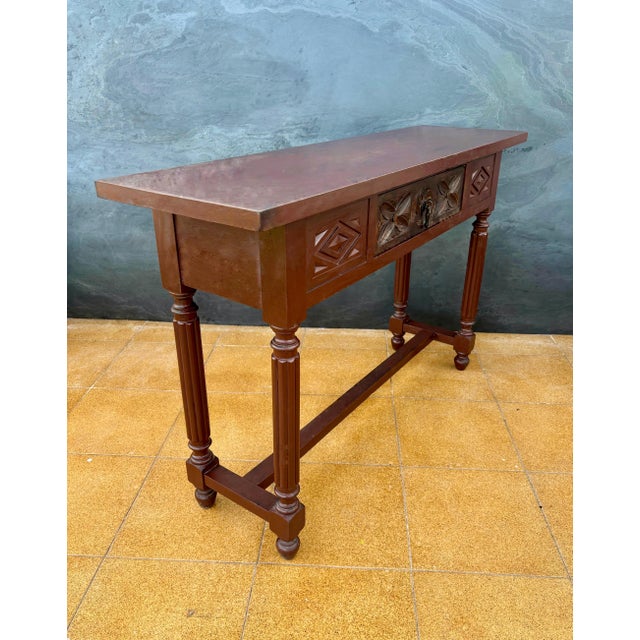 Traditional Spanish Renaissance Revival Carved Oak Console Table with Drawer, 1950s For Sale - Image 3 of 10