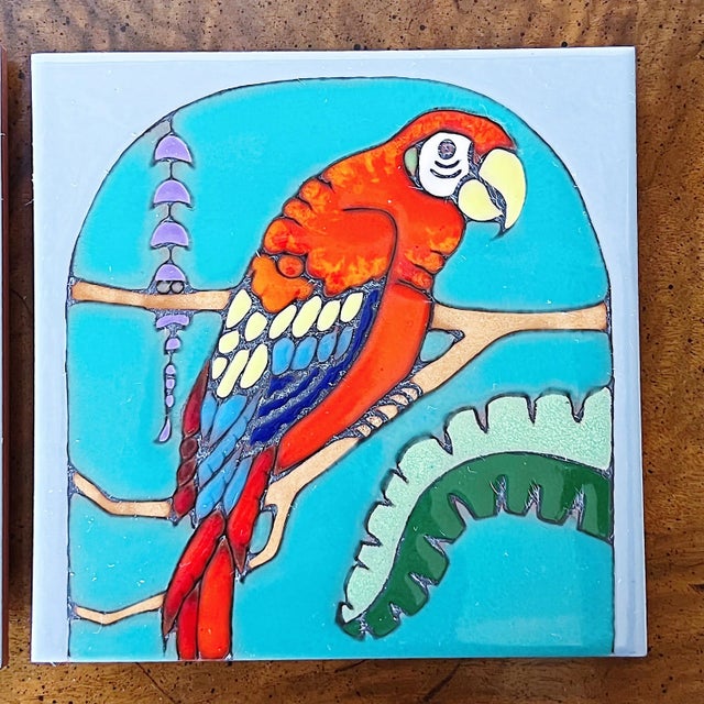 1990s Vintage California Studio Pottery Tiles Depicting Fish, Parrots and 1920s Pattern, a Set of 6 For Sale - Image 5 of 12