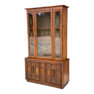 C. 1972 Mid Century Modern China Cabinet W/ Etched Geometric Glass, Carved Accents, Brutalist Pulls