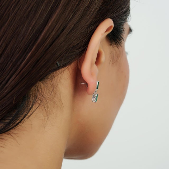 Emerald Art Deco Inspired Certified Natural Emerald 2 Stone Drop Earrings With Diamond Accents, a Pair For Sale - Image 8 of 11