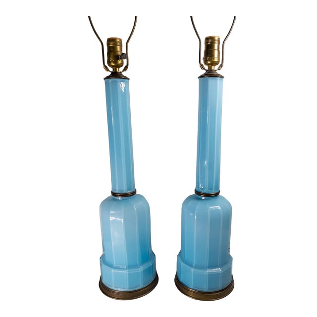 Early 20th Century Pair of French Baby Sky Blue Opaline Glass Table Lamps For Sale