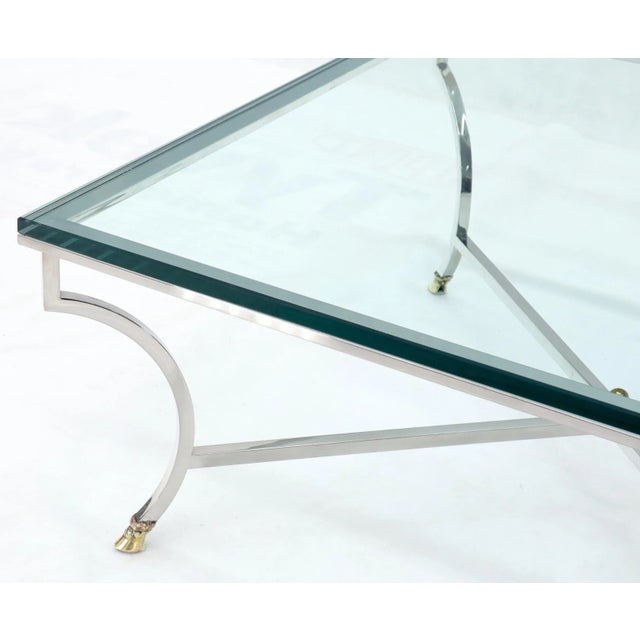Square Chrome and Brass Hoof Feet Base Coffee Table Thick Glass Top For Sale - Image 6 of 12
