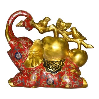 Vintage Cloisonné Elephant Statue With Golden Apples, Birds, and Floral Motifs For Sale
