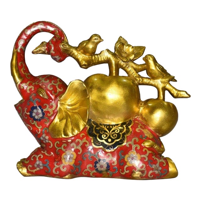 Vintage Cloisonné Elephant Statue With Golden Apples, Birds, and Floral Motifs For Sale
