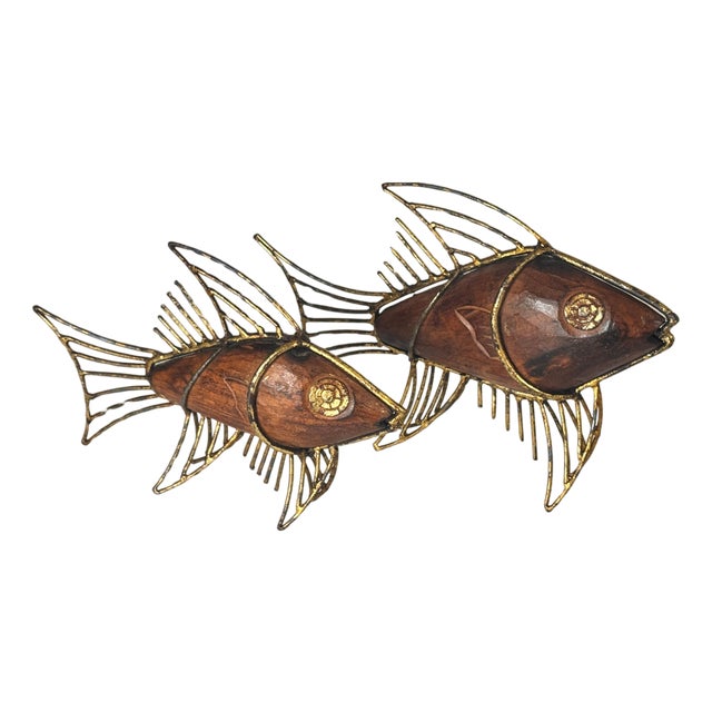 Mid-Century French Fish Sculptures in Wood and Gilded Metal, 1970s, Set of 2 For Sale