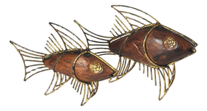 Mid-Century French Fish Sculptures in Wood and Gilded Metal, 1970s, Set of 2