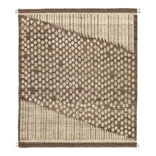 Handmade Modern Moroccan Brown Wool Rug With Graphic Geometry Design For Sale